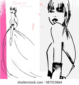 Set of two art sketch of elegant Fashion girl in sketch-style. Beautiful painting, hand drawn element. Vector illustration.