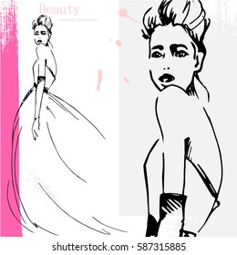 Set of two art sketch of elegant Fashion girl in sketch-style. Beautiful painting, hand drawn element. Vector illustration.