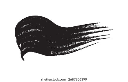 Ein Satz von zwei künstlerischen schwarzen Pinselstrichen mit einer welligen, fließenden Form und einer detaillierten Grunge-Textur. Diese handgemalten Elemente eignen sich perfekt für die Erstellung dynamischer Hintergründe oder abstrakter Designs.
