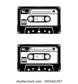 Satz von zwei Tonbändern. Retro-Kompaktkassette einzeln auf weißem Hintergrund. Das Symbol für analoge Musik. Vektorgrafik für Design.
