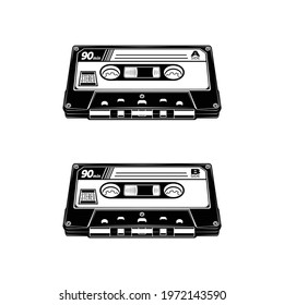 Set of two audio tape. Retro compact cassette isolated on white background. The symbol of analog music. Vector illustration for design.