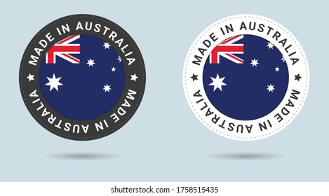 Set of two Australian stickers. Made in Australia. Simple icons with flags.