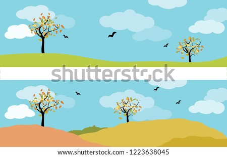 set of two autumn landscape panorama with deciduous tree, meadow, birds and cloudy blue sky