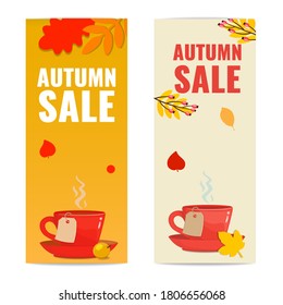 Set of two autumn sale advertising banner with autumn leaves and red cup. Season discount concept. Vector stock illustration.