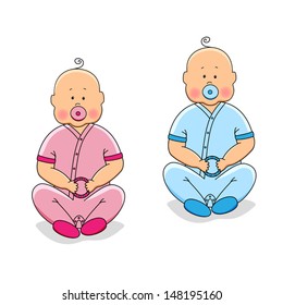 Set of two babies boy and girl twins sitting and playing with a noisemaker