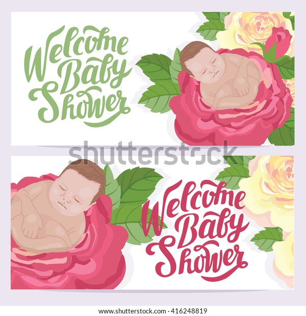 Set Two Baby Shower Greetings Cards Stock Vector Royalty Free