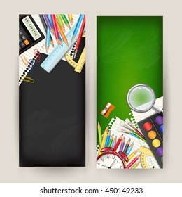 Set of two Back to school vertical banners. Templates with supplies tools on classroom chalkboard. Place for your text. Layered realistic vector illustration.