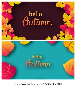 Set of two backgrounds with autumn leaves and place for your text.  Banner design for fall season banner or poster. Vector illustration