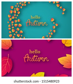 Set of two backgrounds with autumn leaves and place for your text.  Banner design for fall season banner or poster. Vector illustration
