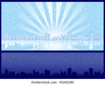 Set of two backgrounds. Cityscape. Winter day and night.
