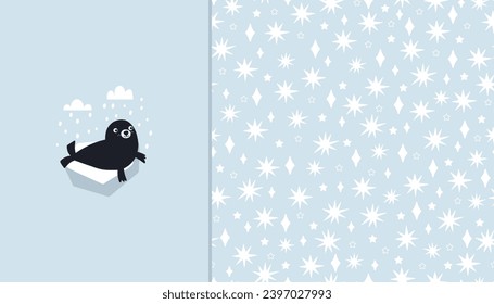 Set with two backgrounds. Seamless pattern with abstract white stars and composition with cute seal on an ice floe. Perfect for postcard, wrapping paper or textiles.