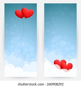 Set of two backgrounds with sky, clouds and two red heart-shaped balloons 