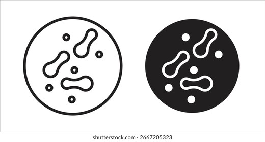 Conjunto de dos iconos de bacterias, uno en negro y otro en blanco, dentro de marcos circulares. Aislado sobre fondo blanco.