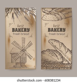 Set of two bakery label templates with wooden windmill, wheat and bread on vintage background. Great for bakery and bread shop ads, brochures, labels.