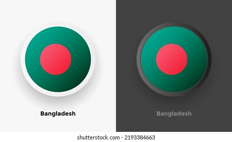 Set of two Bangladesh flag buttons in black and white background. Abstract shiny metallic rounded buttons with national country flag