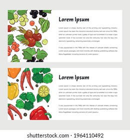 A set of two banner templates with vegetables and berries. Vitamin C. Space for the text. Stock illustration. Hand drawn realistic vector illustration for farmers market promotion