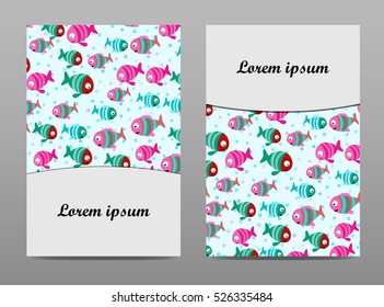 Set of two banners. Abstract color cartoon fishes in the sea. 