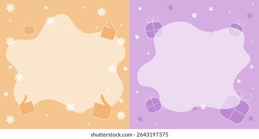 Set of two banners, advertising, announcement, flyer, text field, delicate background, gift with a bow, thumbs up, best offer, sale, text field, stars