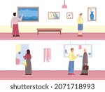 Set of two banners with Art museum visit scenes, flat cartoon vector illustration. Horizontal backgrounds with museum visitors watching art collection.
