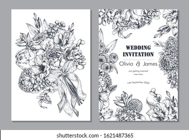 Set of two banners with beautiful hand drawn floral frame and bouquet in graphic style. Vector floral headers. Template for wedding invitation, greeting card
