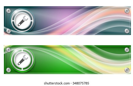 Set of two banners with colored rainbow and spanner