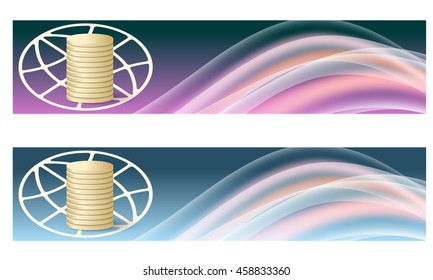 Set of two banners with colored rainbow and coin