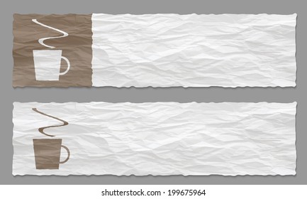 set of two banners with crumpled paper and cup of coffee