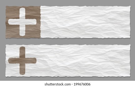 set of two banners with crumpled paper and plus symbol