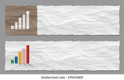 set of two banners with crumpled paper and graph