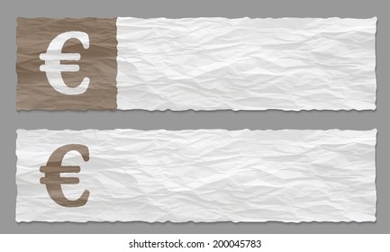 set of two banners with crumpled paper and euro symbol