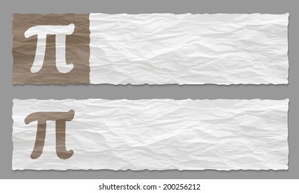 set of two banners with crumpled paper and pi symbol