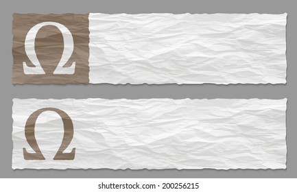 set of two banners with crumpled paper and omega symbol