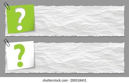 set of two banners with crumpled paper and question mark