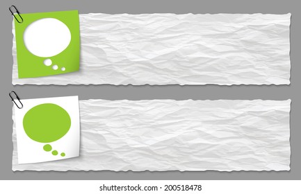 set of two banners with crumpled paper and speech bubble