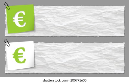 set of two banners with crumpled paper and euro symbol