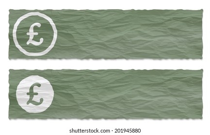 set of two banners with crumpled paper and pound symbol
