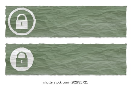 set of two banners with crumpled paper and padlock