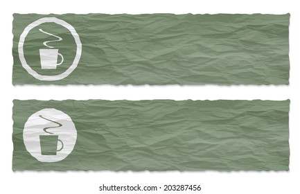 set of two banners with crumpled paper and cup of coffee