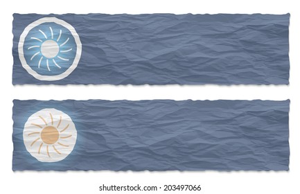 set of two banners with crumpled paper and sun