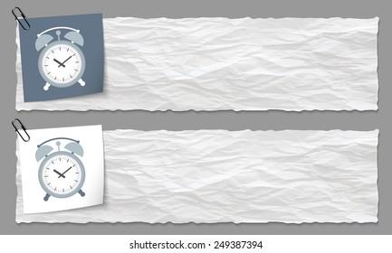 set of two banners with crumpled paper and alarm clock