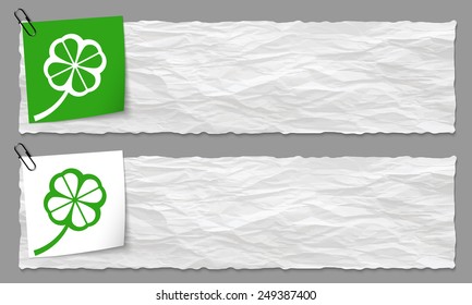 set of two banners with crumpled paper and cloverleaf