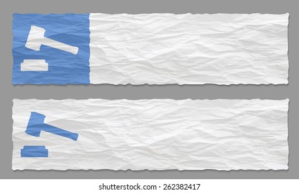 set of two banners with crumpled paper and law symbol