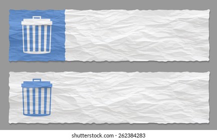 set of two banners with crumpled paper and trashcan