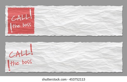 Set of two banners with crumpled paper and the words call the boss