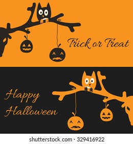 Set of two banners with deer, owls and pumpkins for Halloween Party.