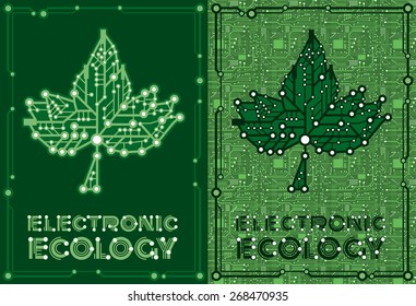 set two banners of green leaf maple with computer and motherboard elements for technology concept