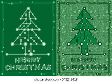 set two banners of green spruce with computer and motherboard elements for technology concept