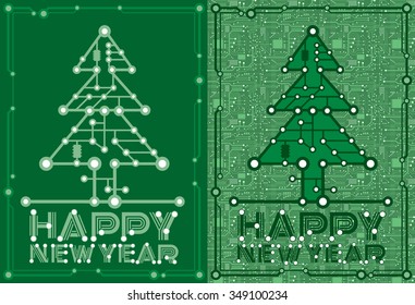set two banners of green spruce with computer and motherboard elements for technology concept