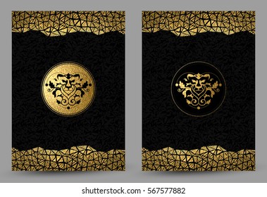 set of two banners with stylized golden and black lion head and gold texture decoration on the black background. 