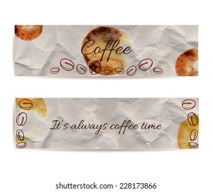 Set of two banners with text "coffee" and "it's always coffee time". Texture of rumple craft paper with brown stains and spots. Hand drawn illustration of coffee beans.